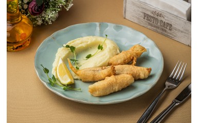 Tender hake in batter with new potatoes