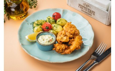 Tender hake in batter with new potatoes